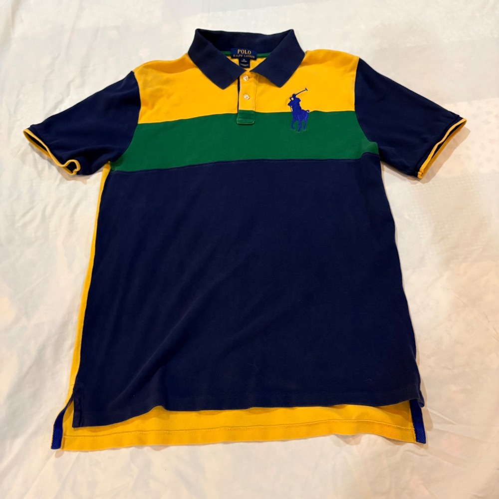 Polo Ralph‎ Lauren XL 18-20 Big Pony Colorblock Polo Shirt Navy Yellow Green
